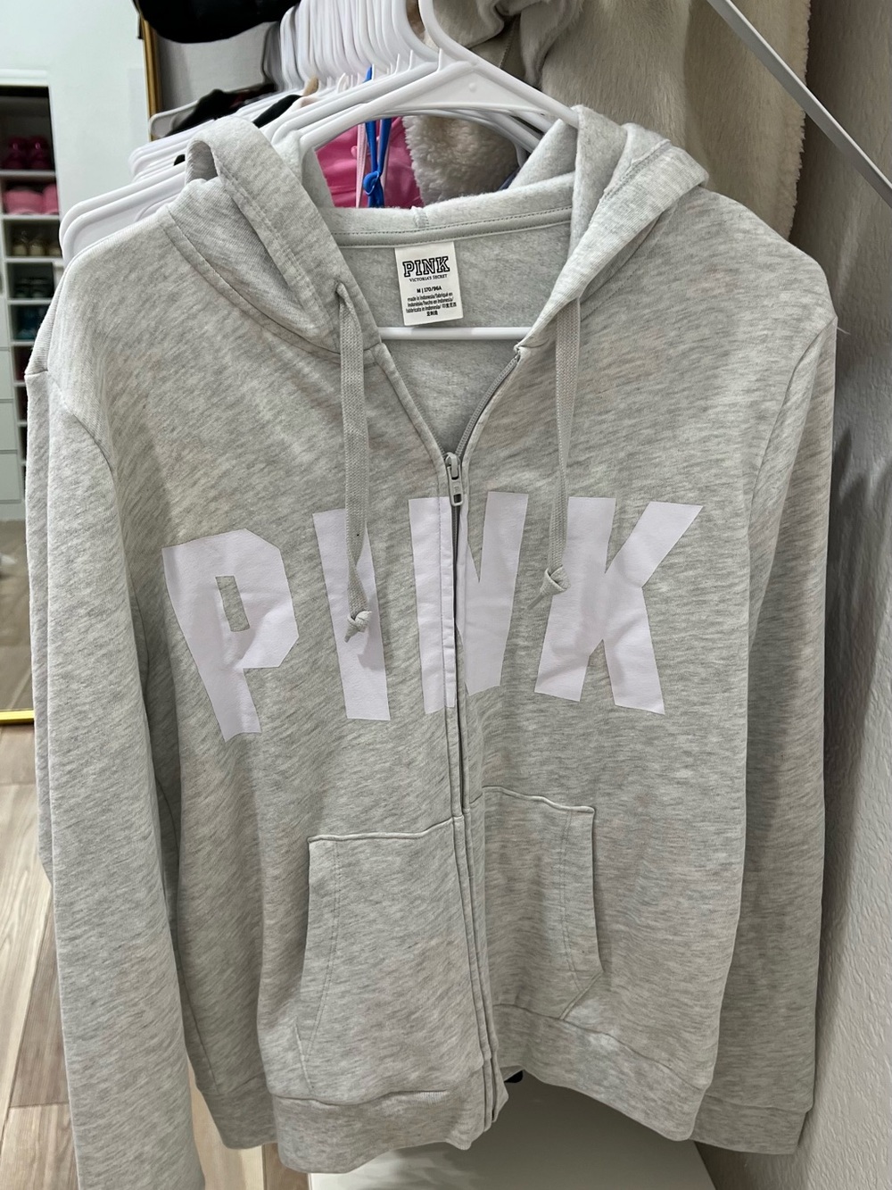 PINK Victoria's Secret Light Gray Zip-Up Hoodie with White Logo